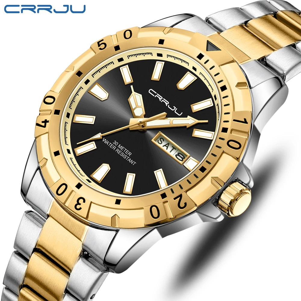 CRRJU Watch for Men Business Dress Analog Quartz Stainless Steel Waterproof Luminous Date Two Tone Luxury Casual Wrist Watch