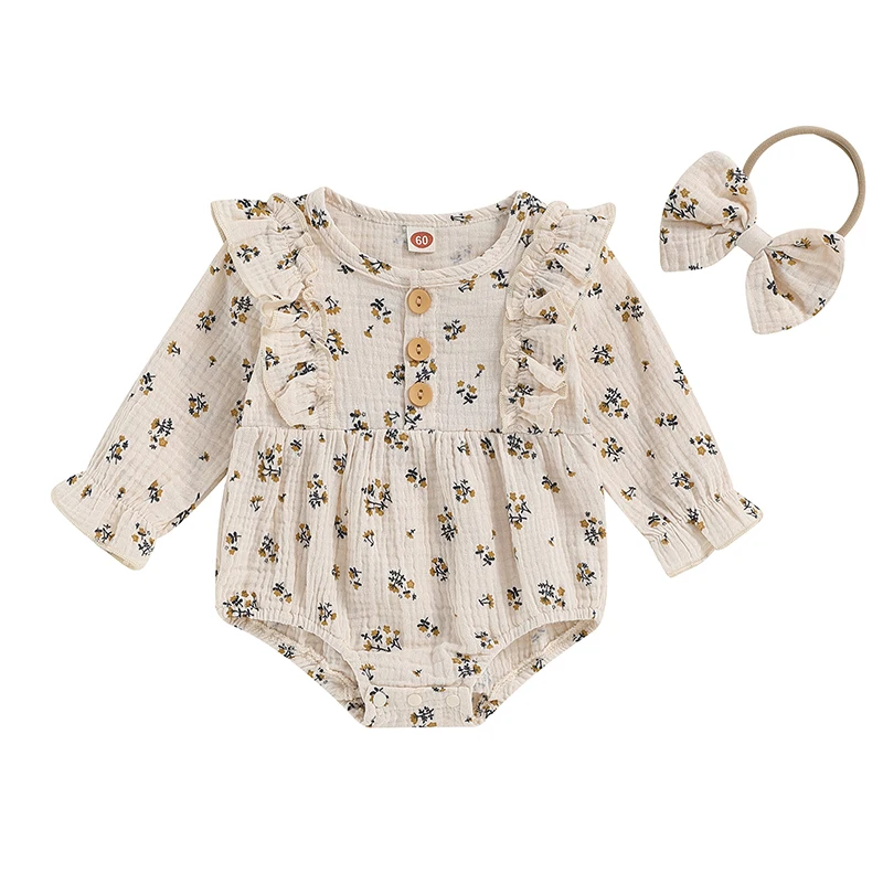 

Spring Newborn Baby Girls Floral Print Romper For Babies Clothes Long Sleeve Crewneck Jumpsuit Playsuit Infant Clothing