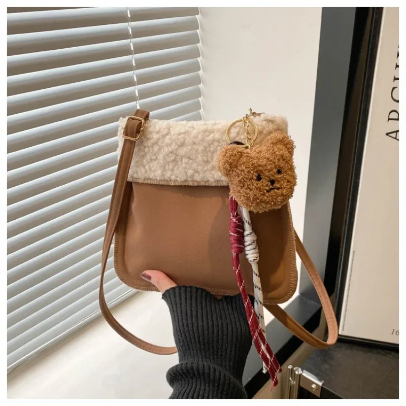 

Winter Atmosphere Cute Bear Charm Fuzzy Bucket Bag Women's Korean Style Versatile Small Capacity Single Shoulder Crossbody Bag