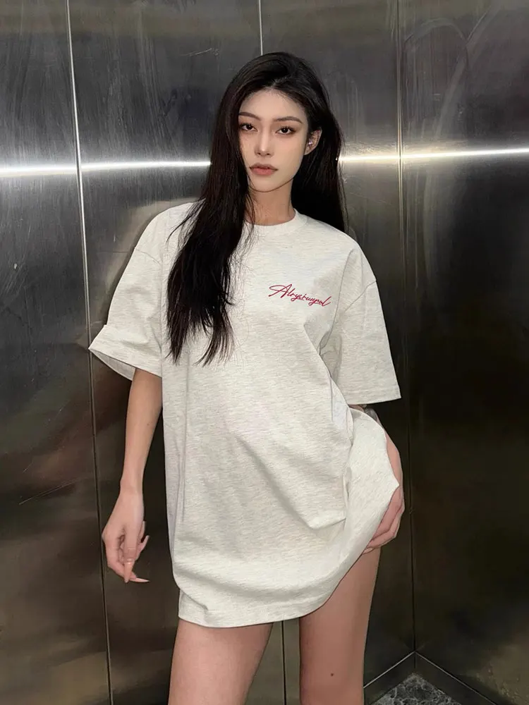 Oversize American Retro White Grey Short Sleeve Cotton T-Shirt Women Summer Hiphop Trendy Brand Heavyweight Half Sleeve Top