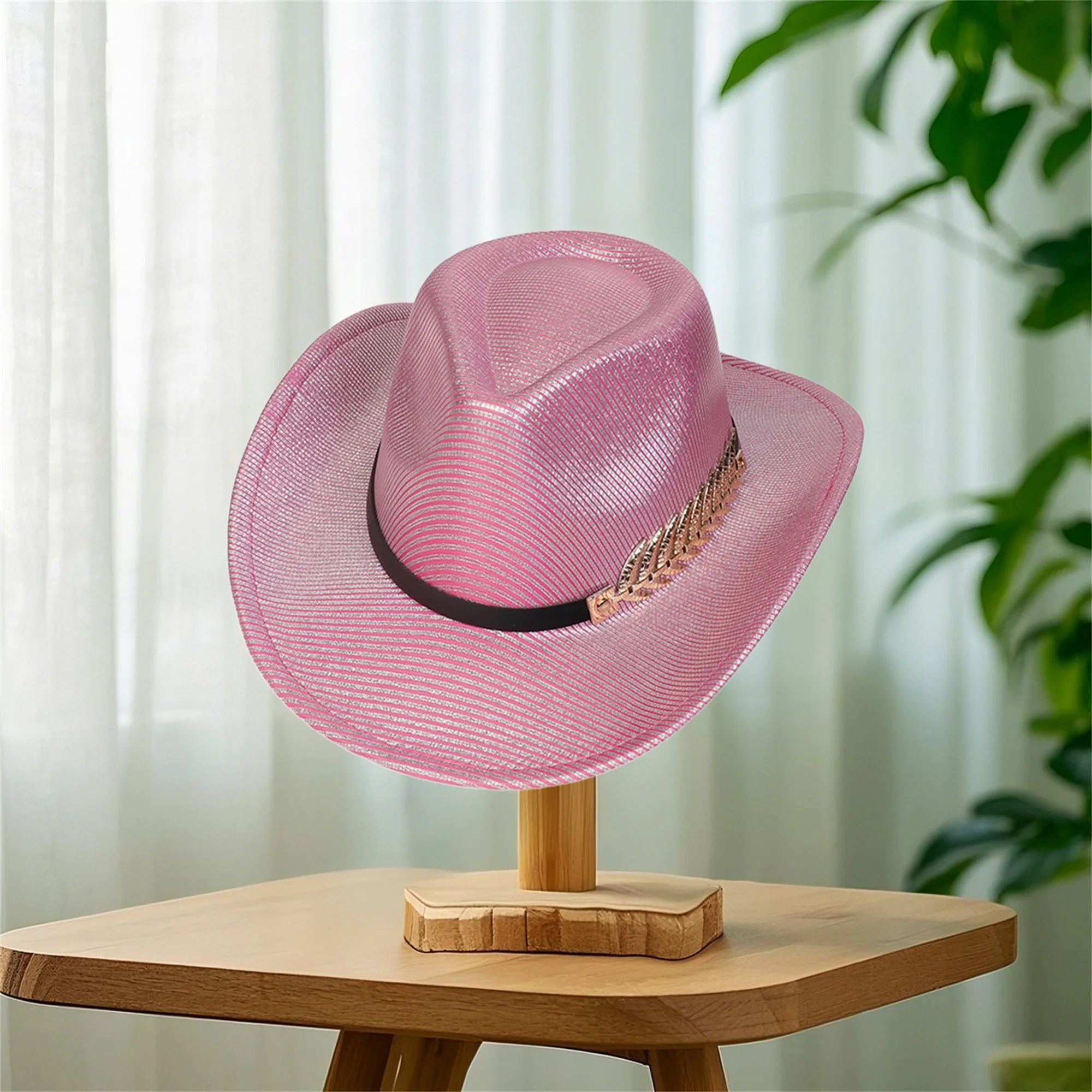 Женская и мужская ковбойская шляпа с широкими полями и стильными полосками с блестками, кожаный ремень, кепка в стиле вестерн для повседневной жизни, вечеринки и