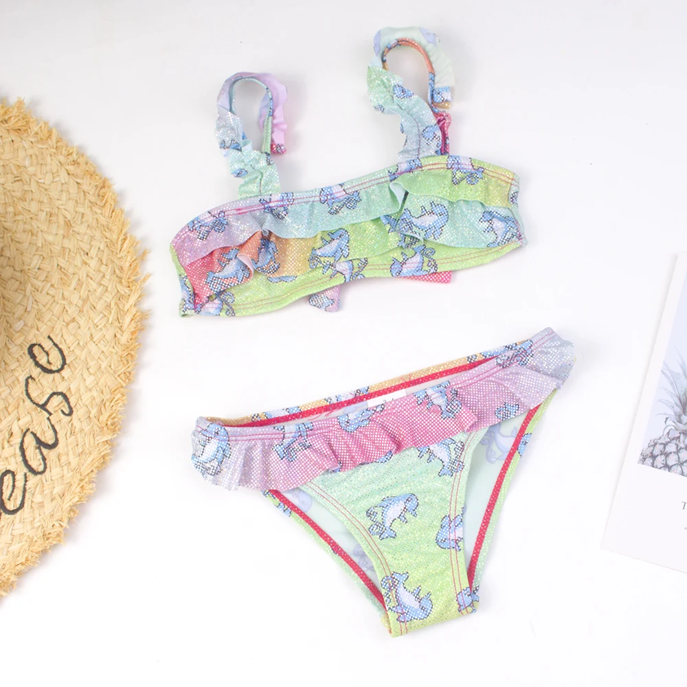 Shinning Print Ruffle Children Girls Swimsuit Swimwear Gradient Teen Student Girls Kids Bikini Set Summer Beach Kid Bathing Suit