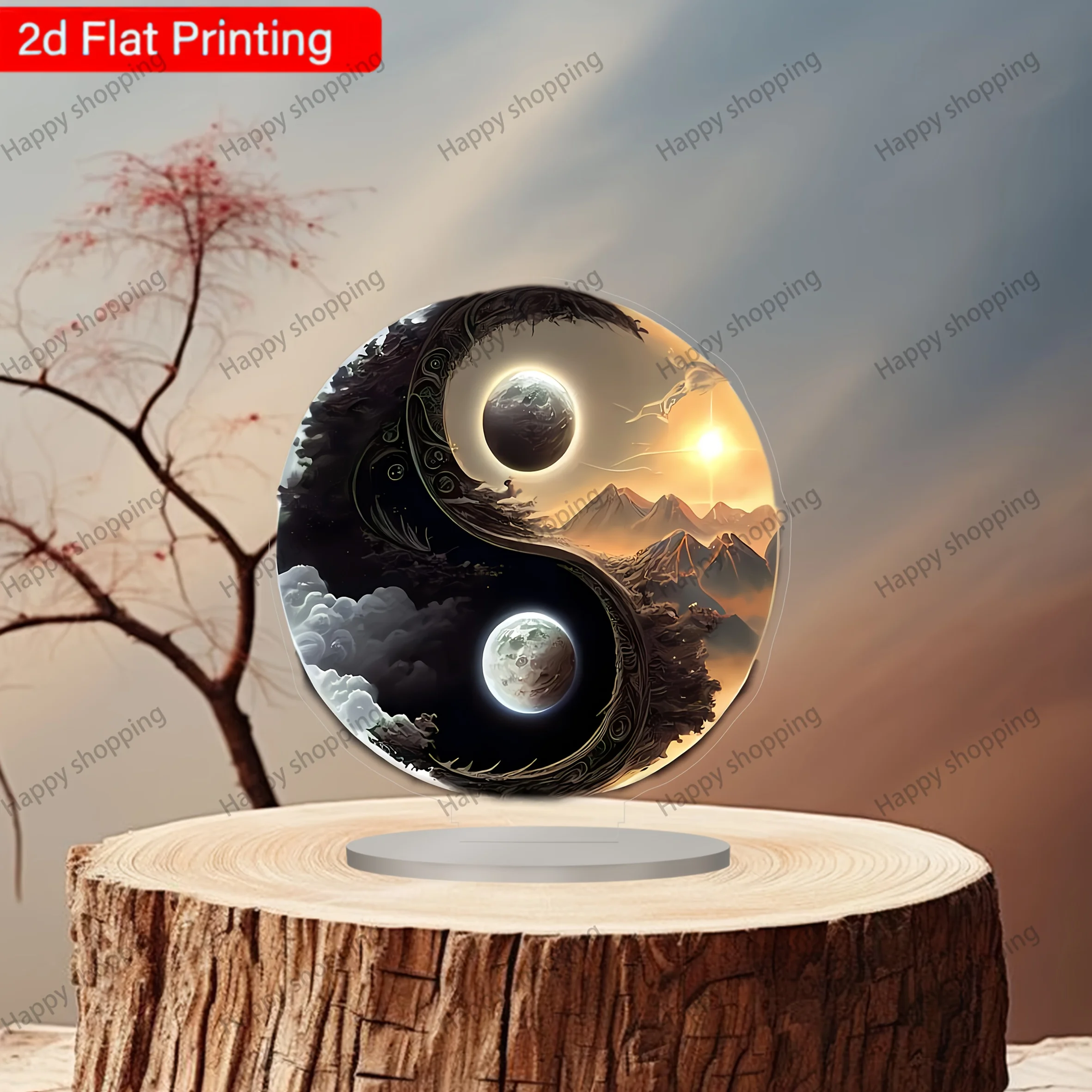 2D Flat, Bohemian Yin Yang Print - 2D Acrylic Tai Chi Symbol Suitable for Home, Office, Café Decor - Scratch & Corrosion Resista