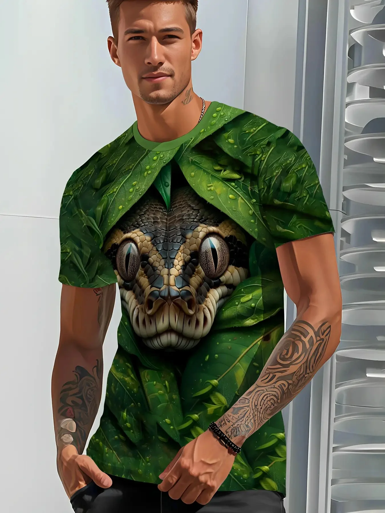 Men Short Sleeve T‑Shirt 3D Snake Head Jungle Leaf Tropical Wildlife Crew Neck Casual Tops