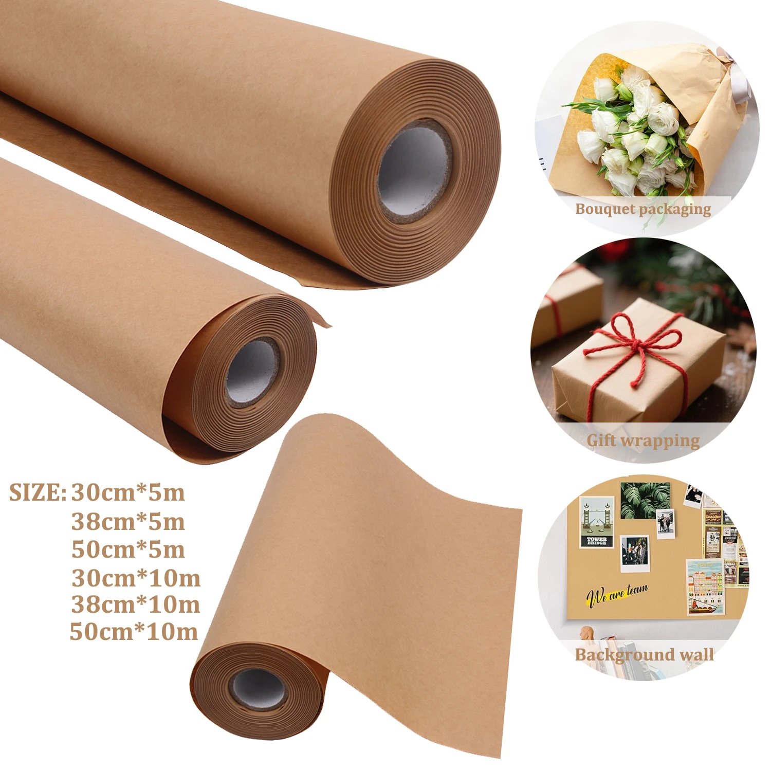 5-10m Brown Kraft Paper Roll (30-50cm Wide) - Thick Biodegradable Gift Wrapping & Packing Paper for Crafts & Moving
