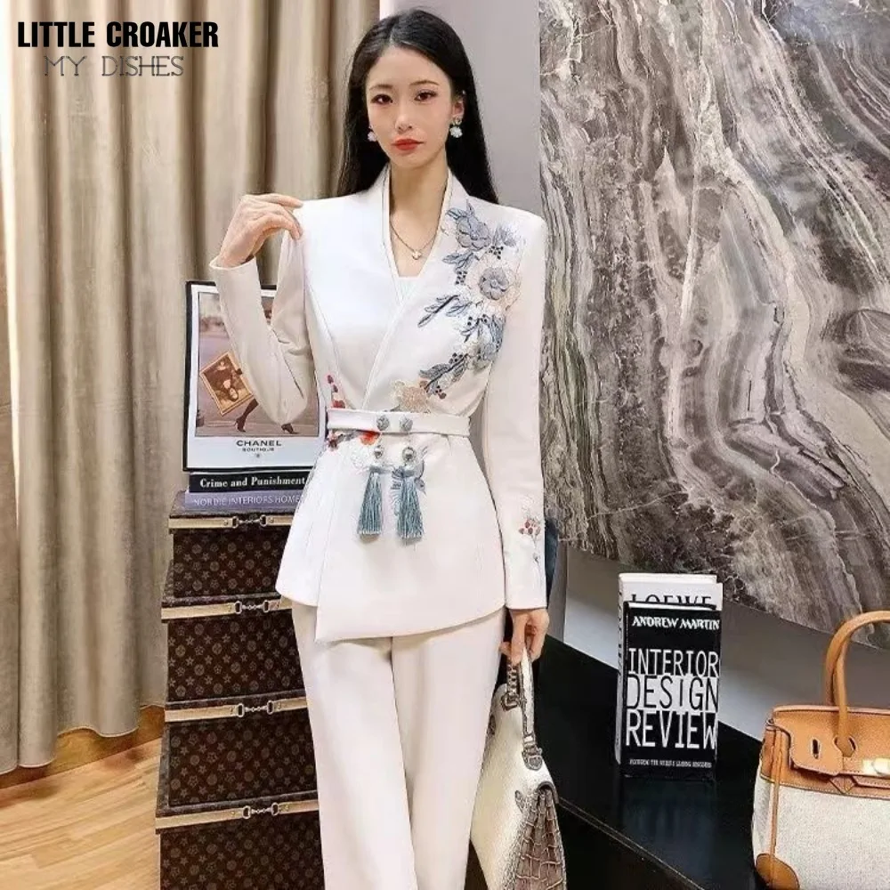 Chinese Style White Blazer for Women Design Solid Medium Long Coat Office Female Overcoat Spring Autumn Blazers Ladies