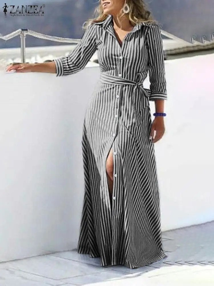 2024 ZANZEA autunno risvolto collo manica lunga lavoro prendisole moda donna camicia a righe Robe Femme elegante partito Vestido caftano