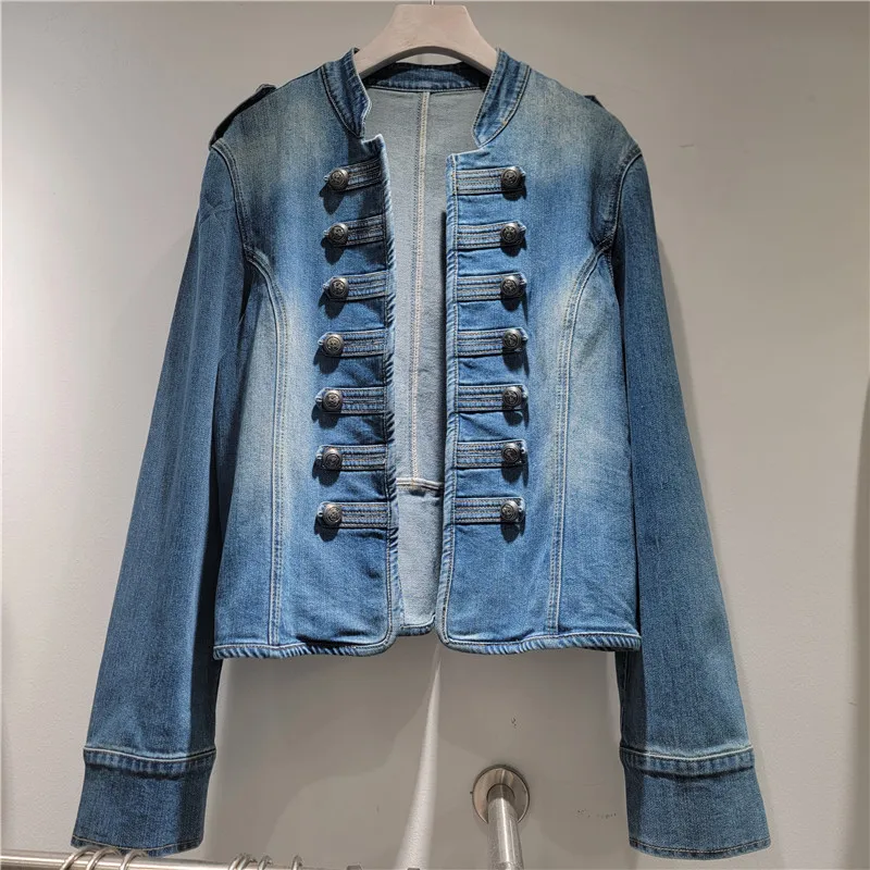 Vintage Washed Dark Blue Slim Short Denim Coat Women Cardigan Stand Collar Button Decoration Long Sleeve Denim Jacket Streetwear