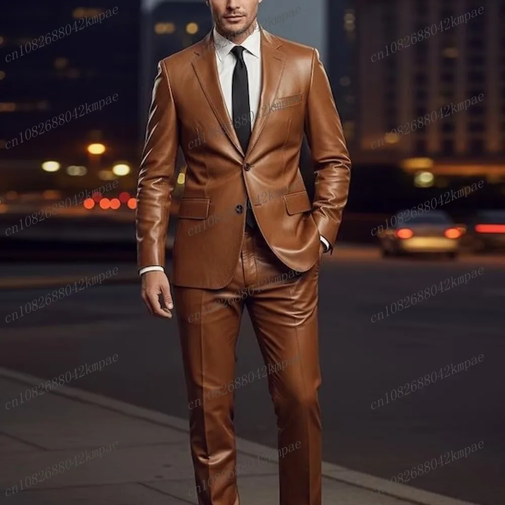 

New Brown Men Suit Leather Formal Groom Groomsman Wedding Party Prom Male Business Tuxedos 2 Piece Set Blazer Pants