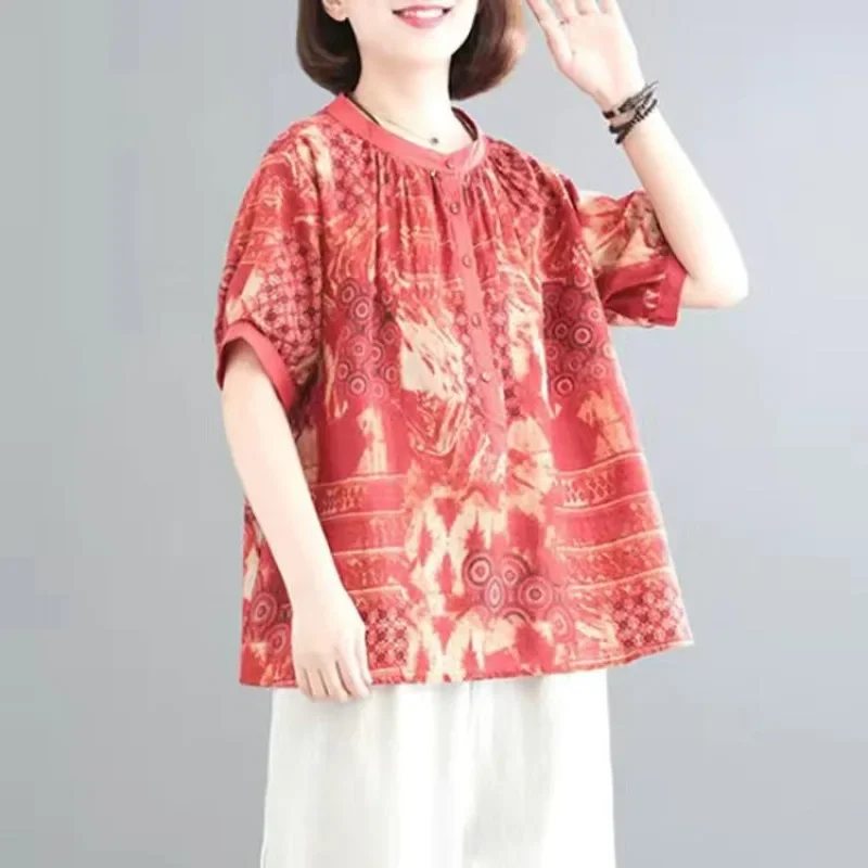 Middle-aged Mother Summer Wear Loose Large Size Ethnic Style Printing Cotton-containing Fallow Two-piece Suit Female New Style