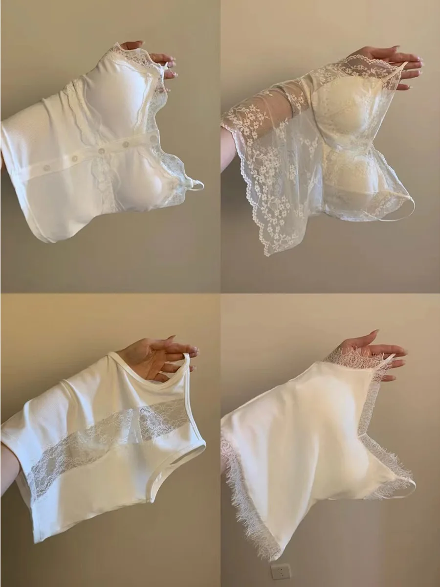 

Women's Lace Trim ter Vest Summer 2025 New Sle Inteated Button Tead Slim ort Top with Chest Pad