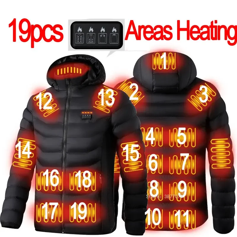 19pcs  NWE Men Winter Warm USB Heating Jackets Smart Thermostat Pure Color Hooded Heated Clothing Waterproof Warm Jackets