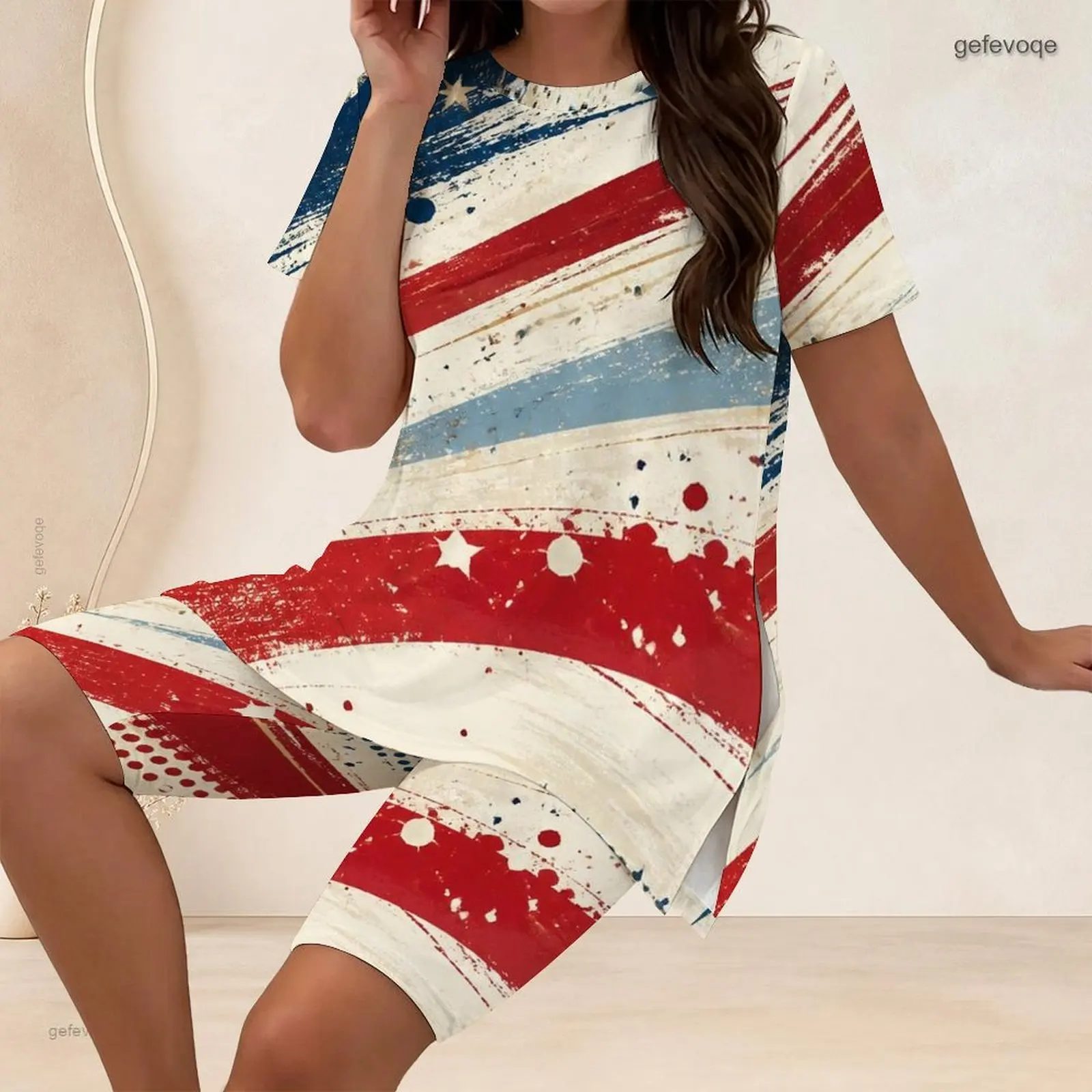 Women 2 Piece Outfit Round Neck Short Sleeve Split Side Long T Shirt With Biker Shorts Set Custom Print Ladies Casual Loungewear