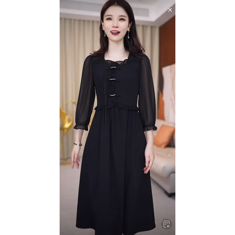 New Chinese Fashion Dress for Women 2025 Spring and Summer New Style Elegant Age-reducing Fungus Splicing Mid-length Skirt