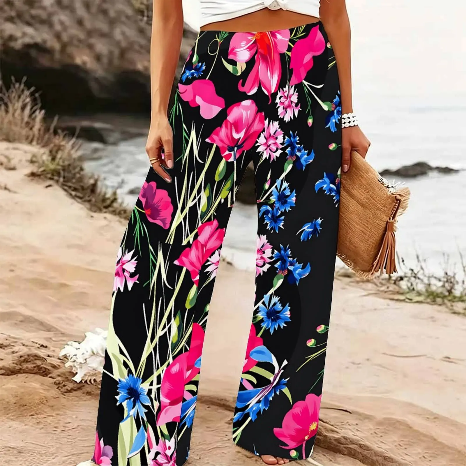 Women's Summer Beach Wide Leg Trousers Floral Print Elastic High Waist Loose Fit Casual Vacation Palazzo Pants
