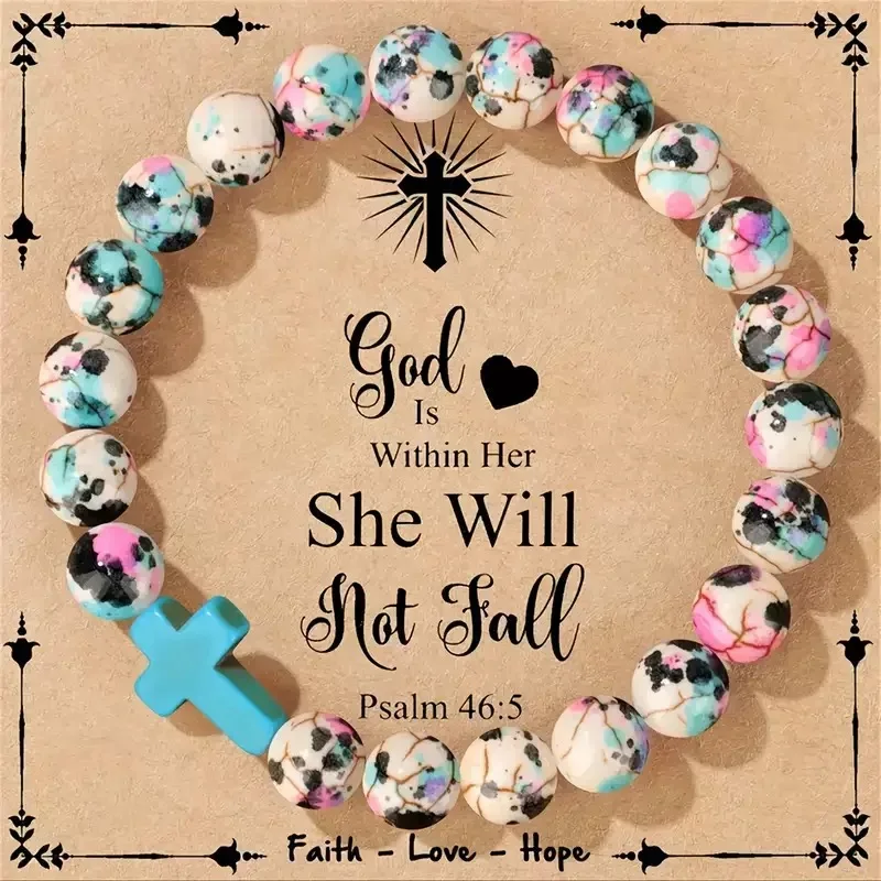 Pulsera de cuentas de cruz de Jesús a la moda, brazaletes de piedra con estampado colorido para mujer, joyería de meditación, regalo de fe para bautismo, Dios bendiga tu