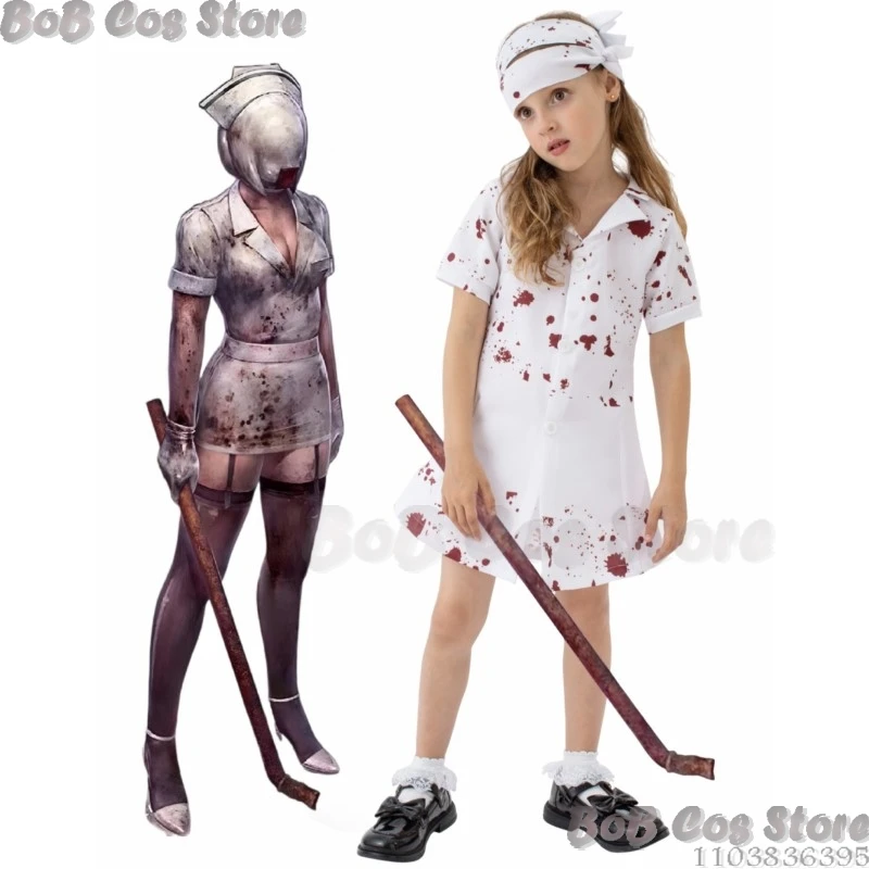 Bloodied Nurse Cosplay Costume Silent Halloween Hill Triangle-headed Zombie Uniform Kids Children Clothes Dress+Belt+Bandage Set