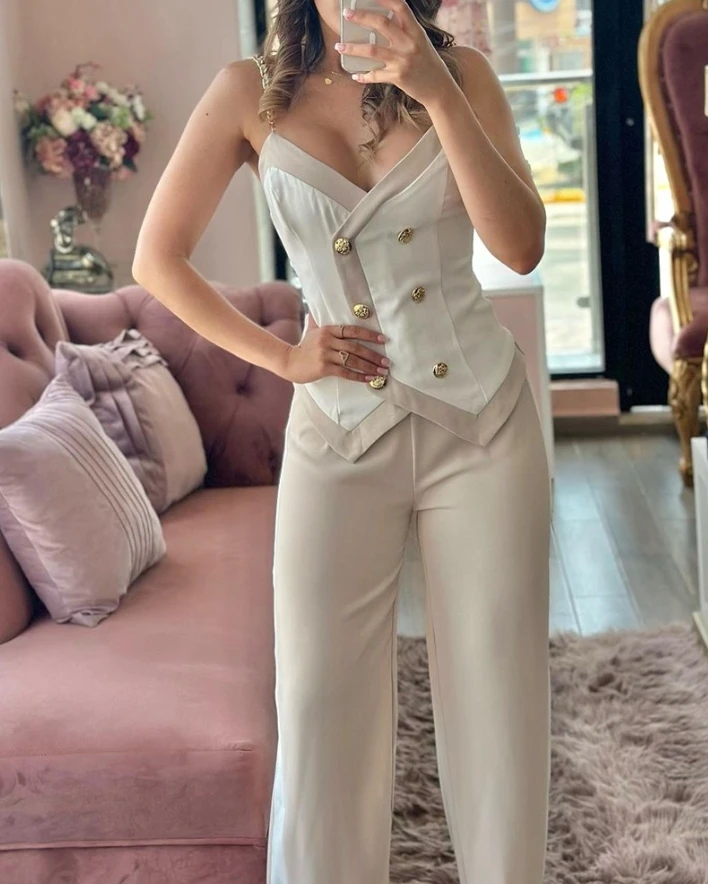 Two Piece Set Women Outfit Summer Fashion Double Breasted Chain Strap V-Neck Cami Top & Casual Daily Straight Leg Pants Set