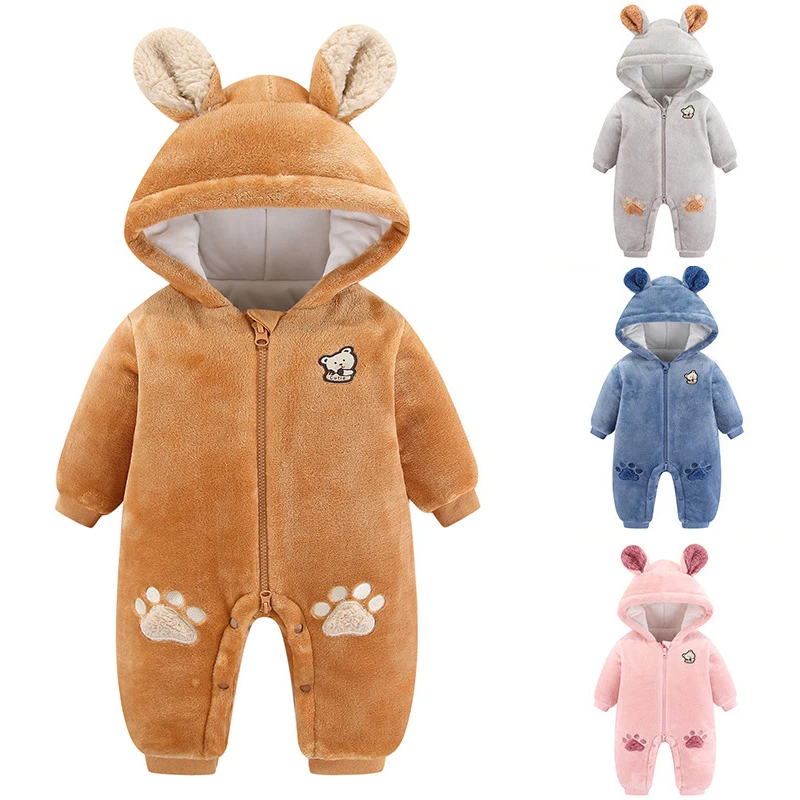 3 6 9 12 18 Months Newborn Baby Rompers Cute Bear Plush Infant Girls Overall Jumpsuit Autumn Winter Warm Fleece Baby Boy Clothes