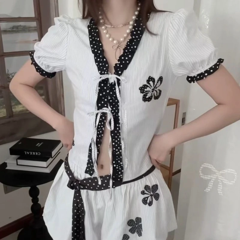 

Deeptown Japanese Style Striped Blouses Women Sweet Vintage Lace Up Cardigan Tops Y2k Polka Dot Patchwork Short Sleeve Shirts