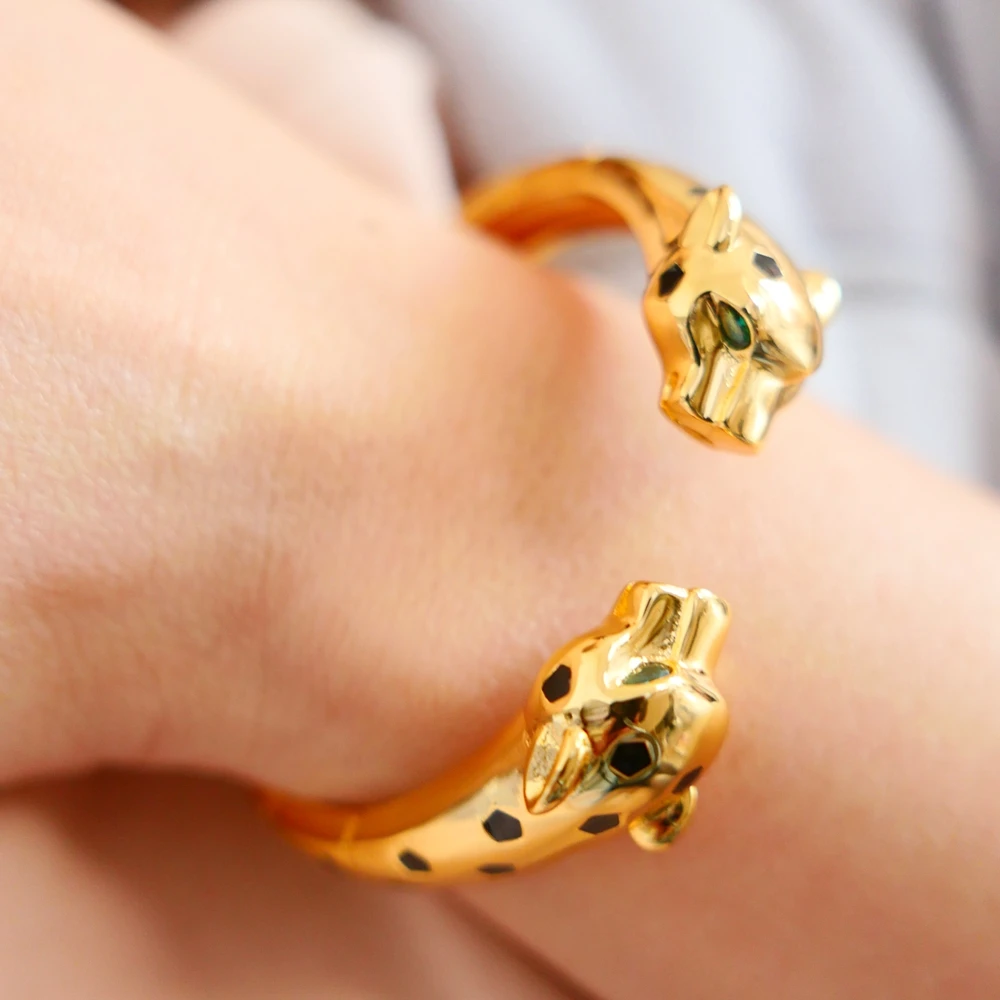 BLack Spots Double Leopard Head Bracelet Zirconia Stone Animal Panther cuff bangle for Women Designer Copper Jewelry New