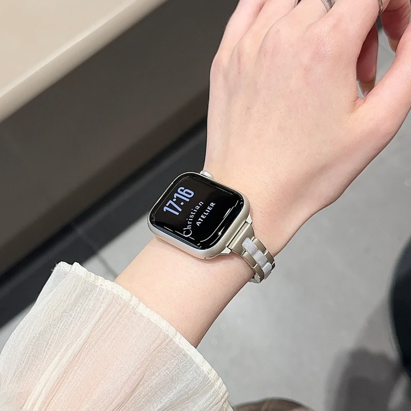 

Тонкий металлический ремешок из смолы для Apple Watch Band 45 мм 41 40 44 38 42 46 Ultra2 49 мм Женский браслет iWatch Series 10 9 8 7 SE 6 5 4