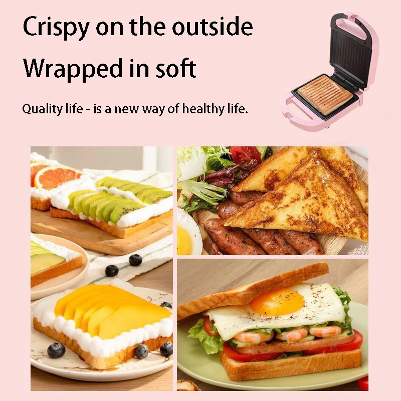 Sandwichera eléctrica portátil para el hogar, máquina multifuncional antiadherente para desayuno, sartén para hornear gofres, olla de Color rosa y