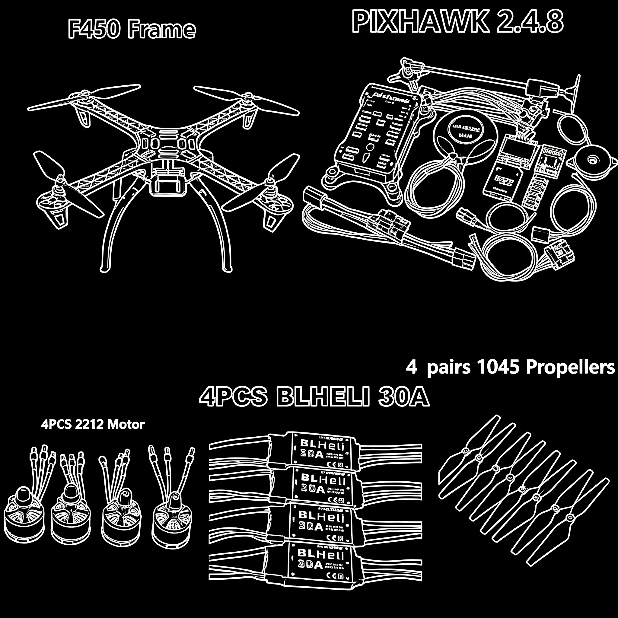

PIXHAWK2.4.8 Flight Control F450 Drone Kit Ardupilot 100MW Radio Telemetry Quadcopter BLHELI 30A ESC 2212 Motor Landing Gear