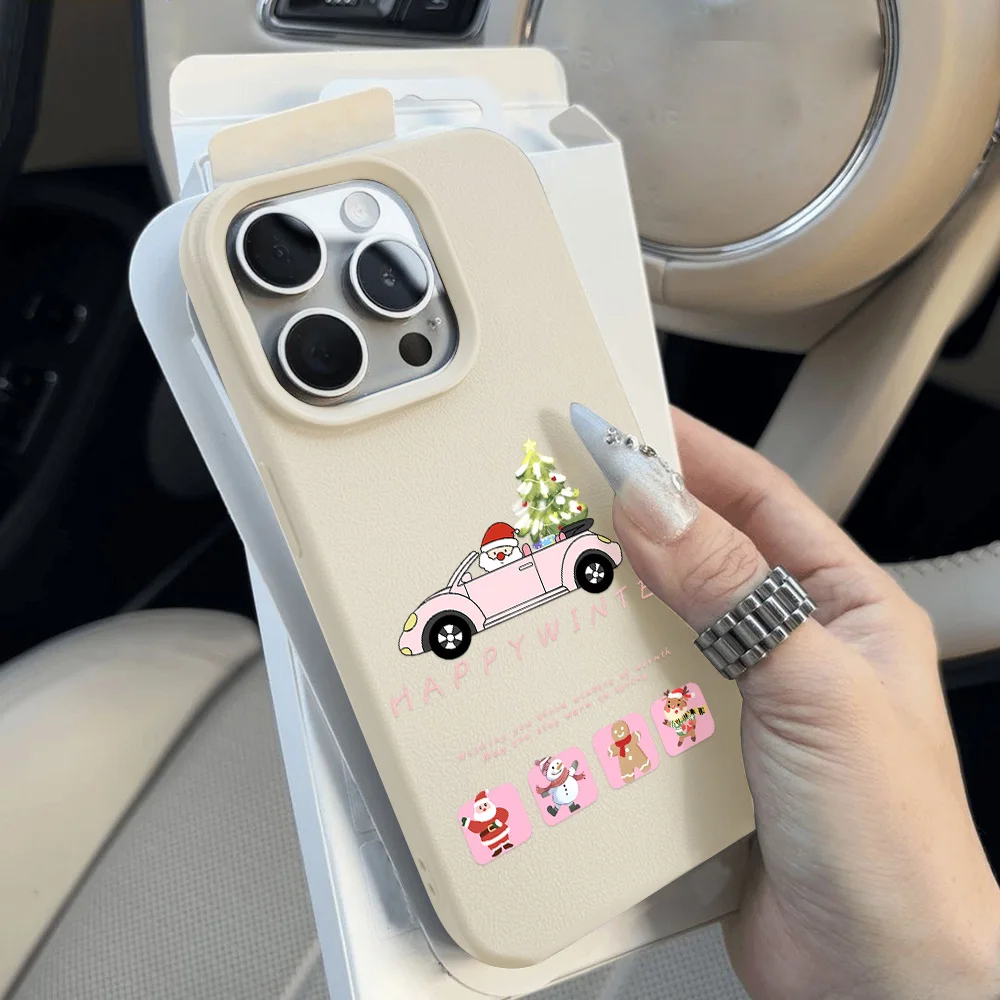 Cute Christmas Leather Painted Phone Case For iPhone 16 Pro Max 14 13 12 Cover 16 14 Plus 15 11 Pro Sockproof Protective Funda