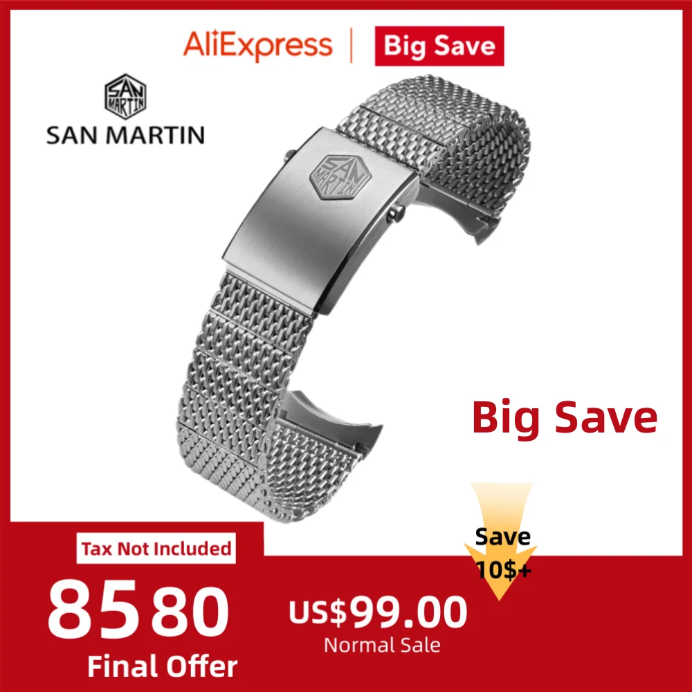 San Martin 브러시드 스틸 메쉬 밀라노 팔찌, 20mm 러그 사이즈 시계 플라이 조정 걸쇠 곡선 엔드 링크, SN0008 SN0054
