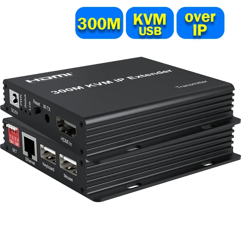 300M HDMI KVM Extender over IP Rj45 Cat5e/6 1080P HDMI USB Ethernet Extender 984FT Support Network Switch for USB Mouse Keyboard