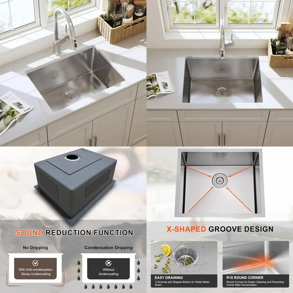 

Stainless Steel 23 Inch Undermount Rectangular Single Bowl Kitchen Sink with Basket Strainer, Handmade 18x9 for Modern Home