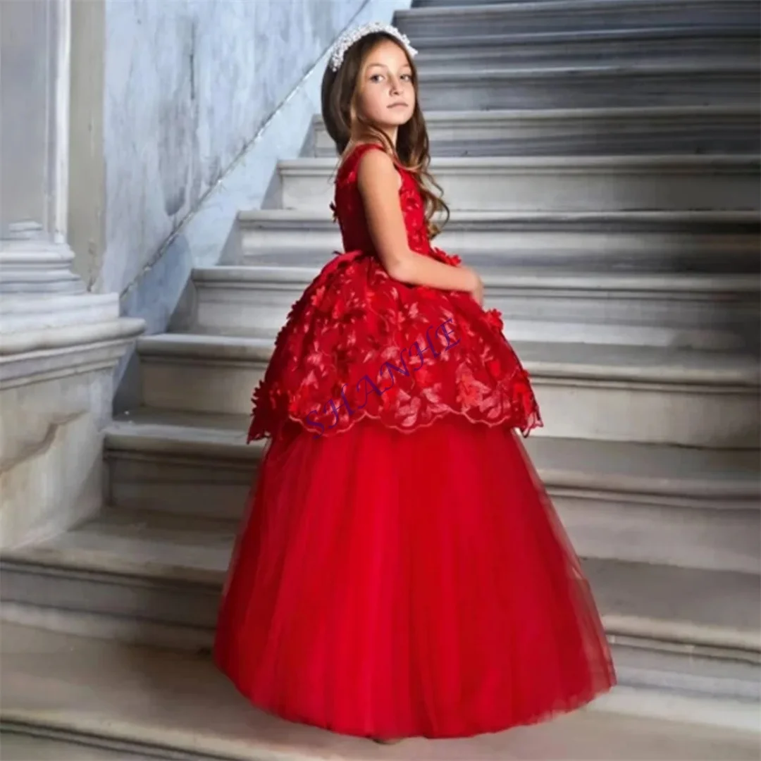 CustomizedFlower Applique Pleat Elegant Princess Flower Girl Dress Sleeveless Floor Length Long Ball First Communion Gown Custom