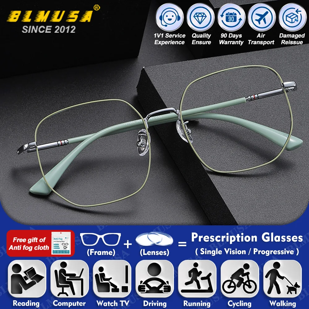

BLMUSA (L) Business Alloy Multiangular Myopia Prescription Glasses For Men Blue Light Blocking Photochromic Progressive Eyeware