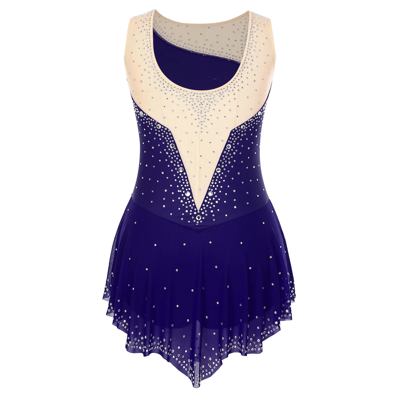 Women Figure Skating Dress Sleeveless  Lyrical Dance Performance Costume Rhinestones Gymnastics Leotard Dress Ballet Dancewear