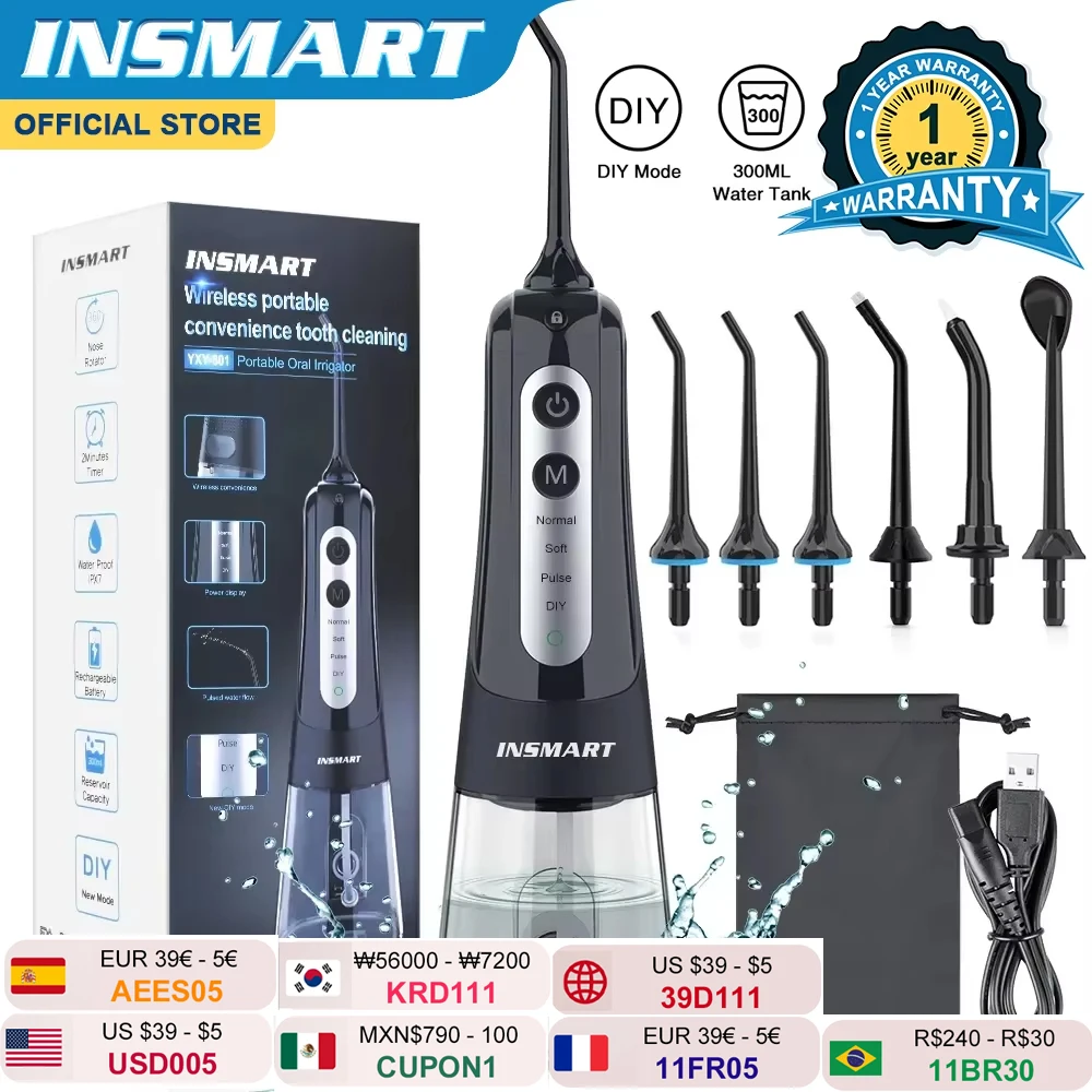 INSMART Dental Oral Irrigator Water Flosser Teeth Whitening Waterproof Portable Dental 6PCS Water Jet Floss 300ML Teeth Cleaner