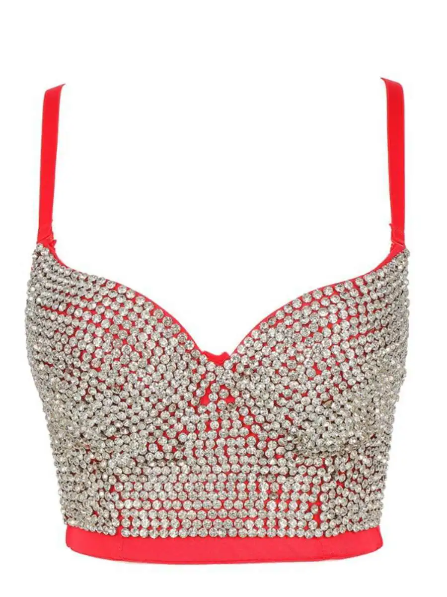 Bejeweled Strapless Bra Top Clubwear Transparent Diamond Exterior Wear Cotton Polyester Spandex Female Nightclub Outerwear