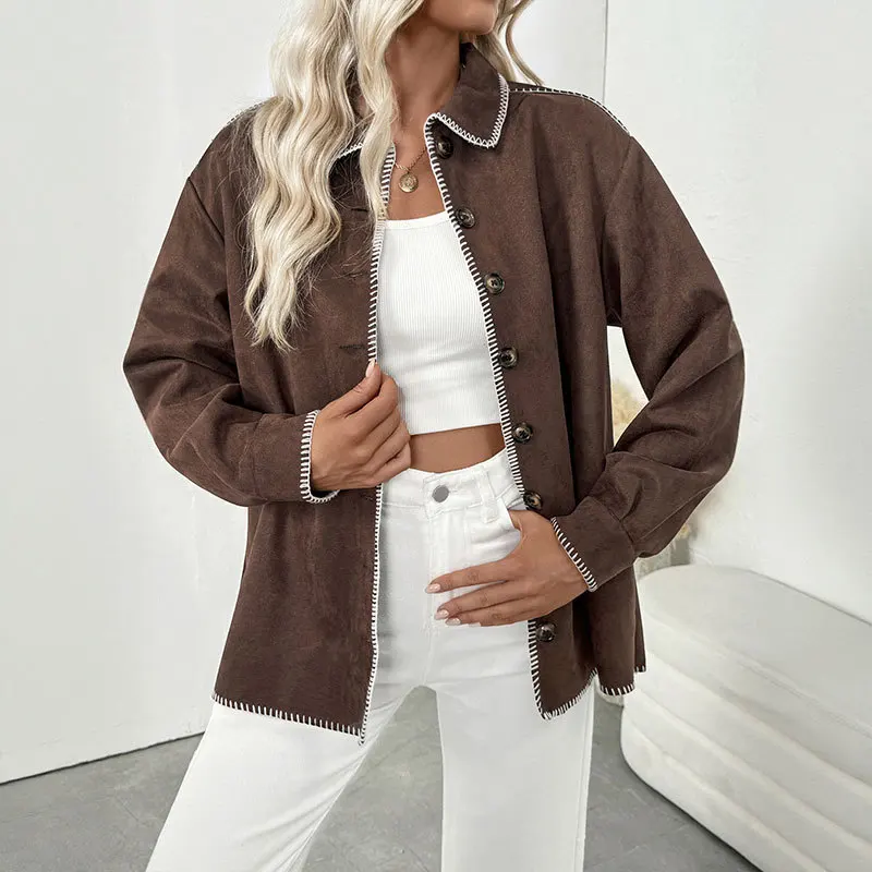 2025 New Autumn/winter Women's Fashion Casual Joker Retro Trim Color Matching Lapel Loose Shirt Jacket Ladies