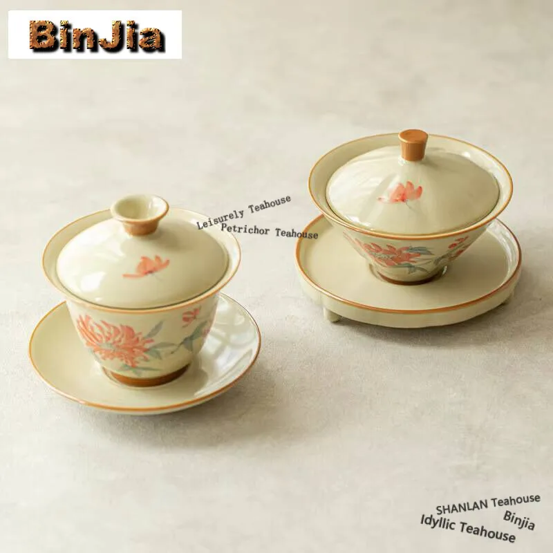 

Underglaze Color Handmade Cover Bowl Household Handpainted Hibiscus Flower Gaiwan Antique Tea Tureen Tea Maker Teaware Crafts