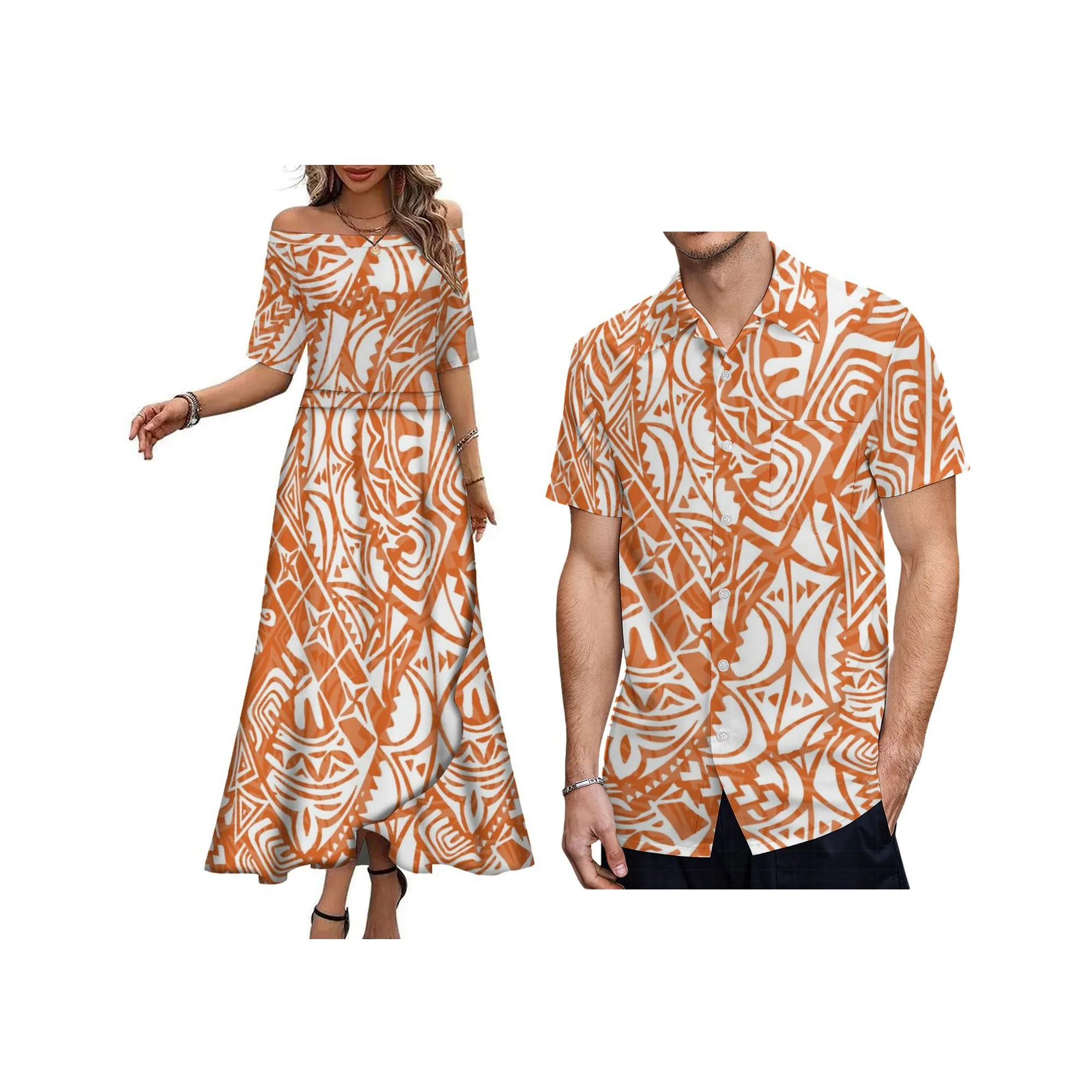 New Arrival Off Shoulder Long Dress Custom Logo Polynesian Tribal Print Half Sleeve Plus Size Women Casual Party Hawaii Dress