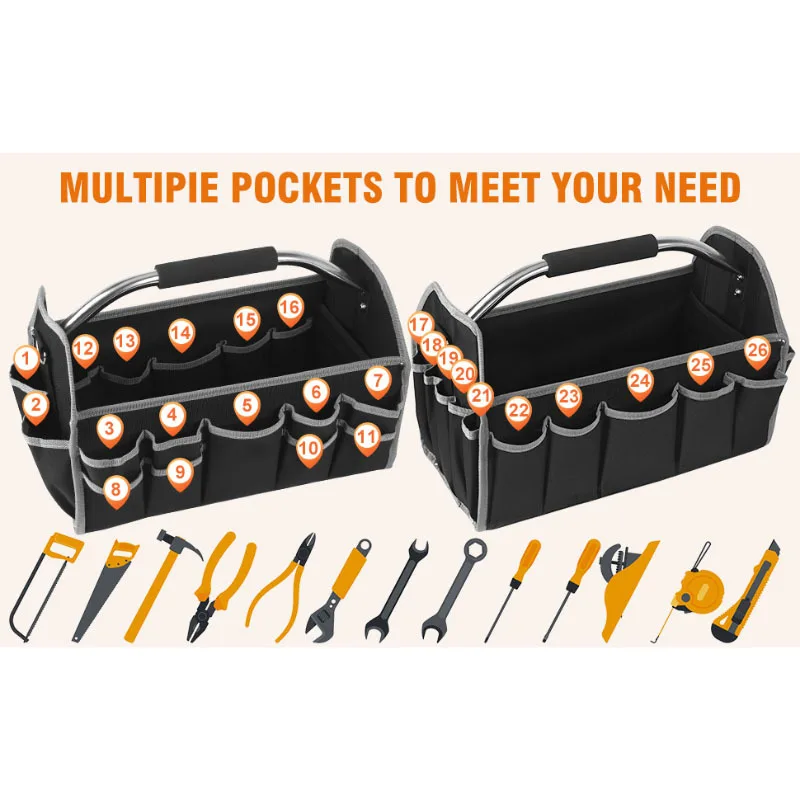 26-Pocket Electrician Tool Bag Top Opening Design Steel Handle Storage Bag Multi-Compartment Organizer for Professional Mechanic