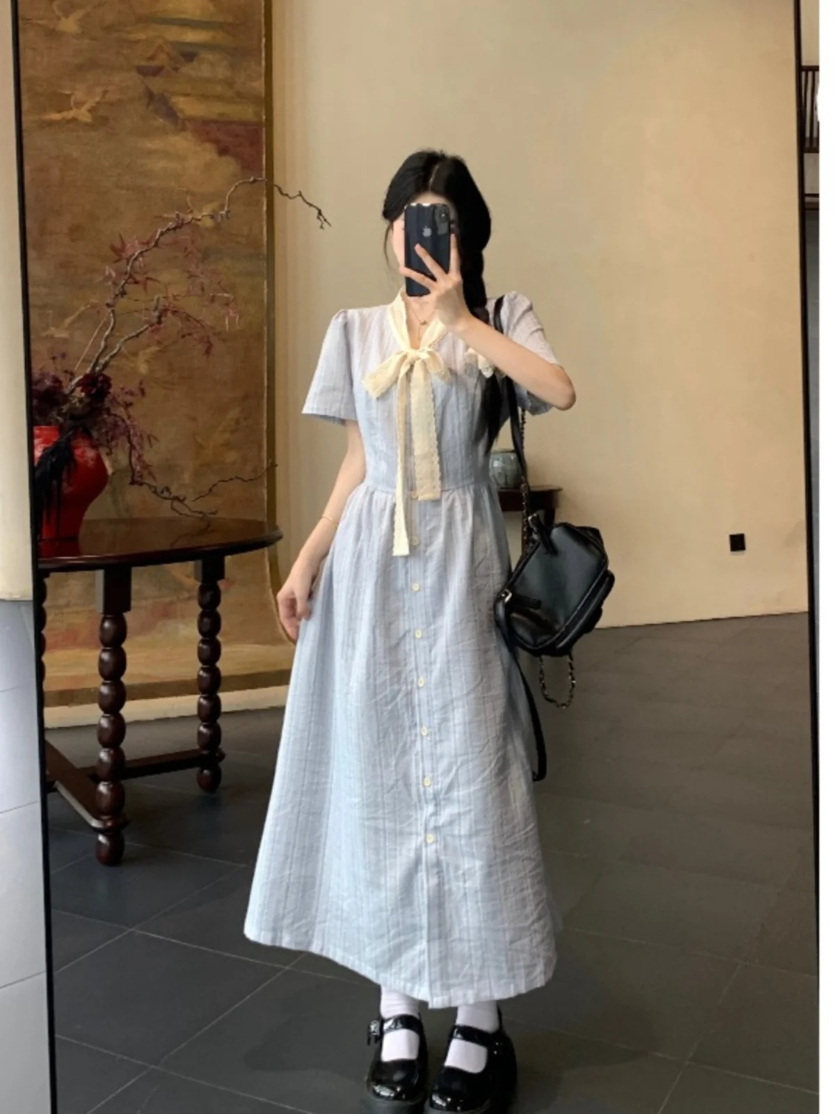 

plus Size Women's Striped V-Ne Tie Knot Dr Summer New Sle Midi A-Line Skirt Korean Commute Sle ort Sve