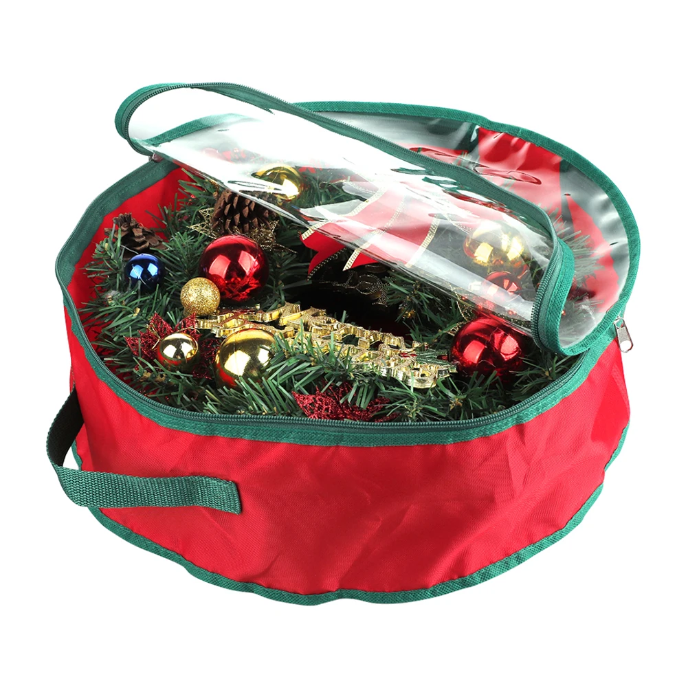 Folding Christmas Wreath Storage Bag With Handle Transparent Window Tear Resistant Clean Up Holiday Carry Container Party