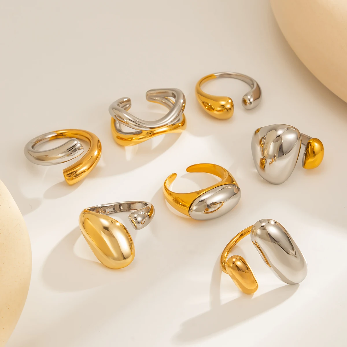 

PuRui New Glossy Mix Color Stainless Steel Open Rings Women Trendy Geometry Waterdrop Adjustable Knuckle Ring Waterproof Jewelry