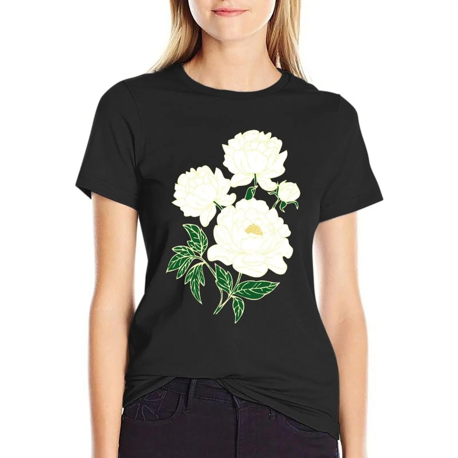 White Peonies T-Shirt plus size tops shirts graphic tees korean fashion summer clothes for Women