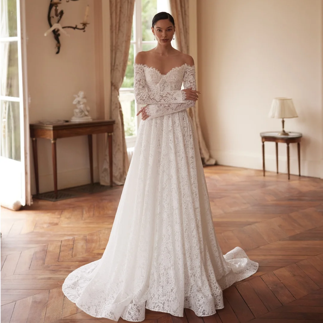 

Off the Shoulder A Line Wedding Dresses Luxury Long Sleeves Lace Pleated robe de mariée Bride Plus Size Wedding Dress Customized