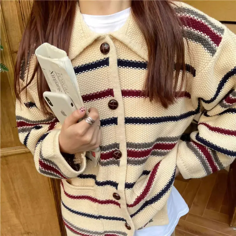 Contrasting Colors Vintage Cardigan Autumn Winter Loose Women\'s Clothing Japan Style Polo-Neck Single-breasted Knitted Sweaters