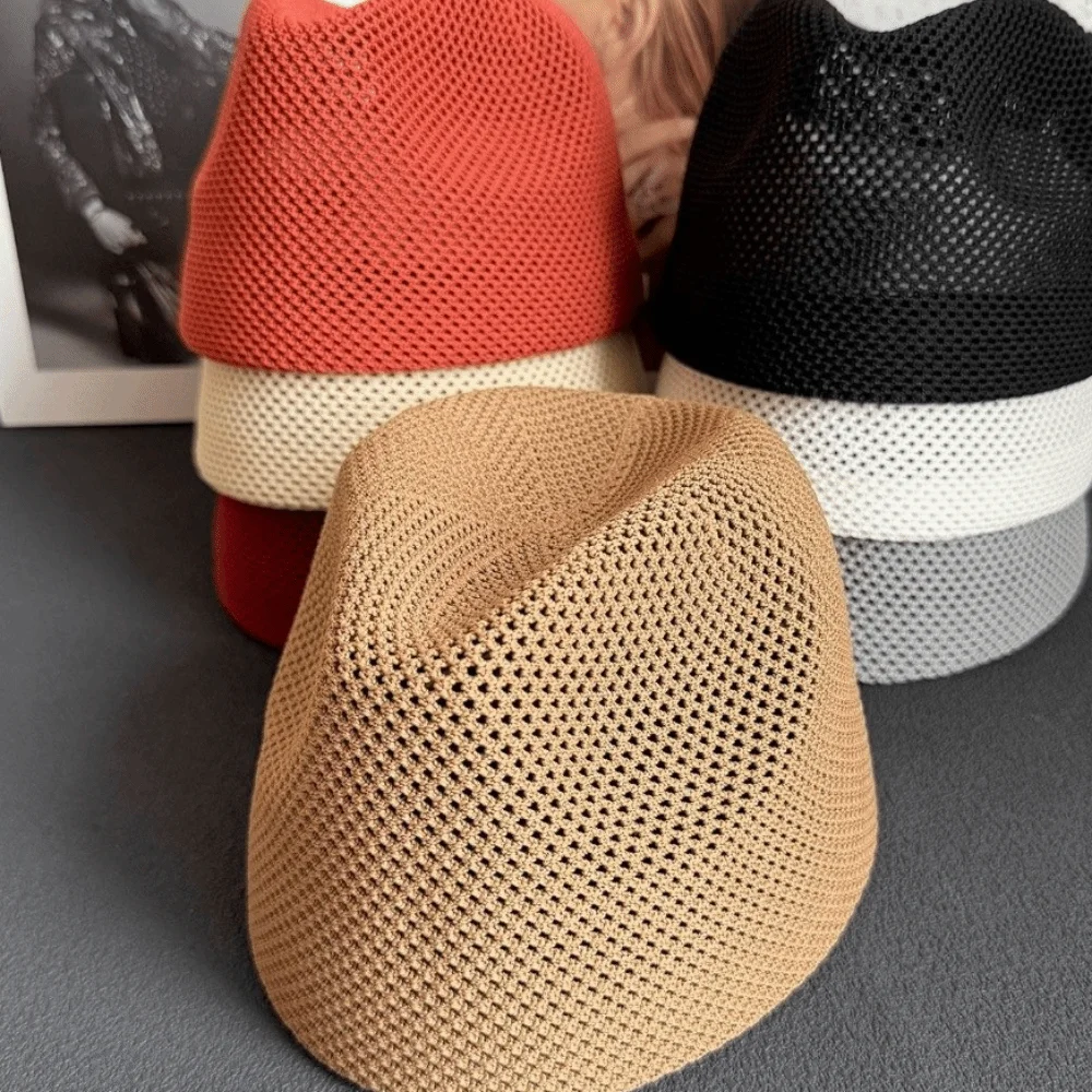 Breathable Mesh Knitted Pillbox Hat Lightweight Knit Multiple Colors Mesh Panama Hat No Brim Design Summer Knit Hat