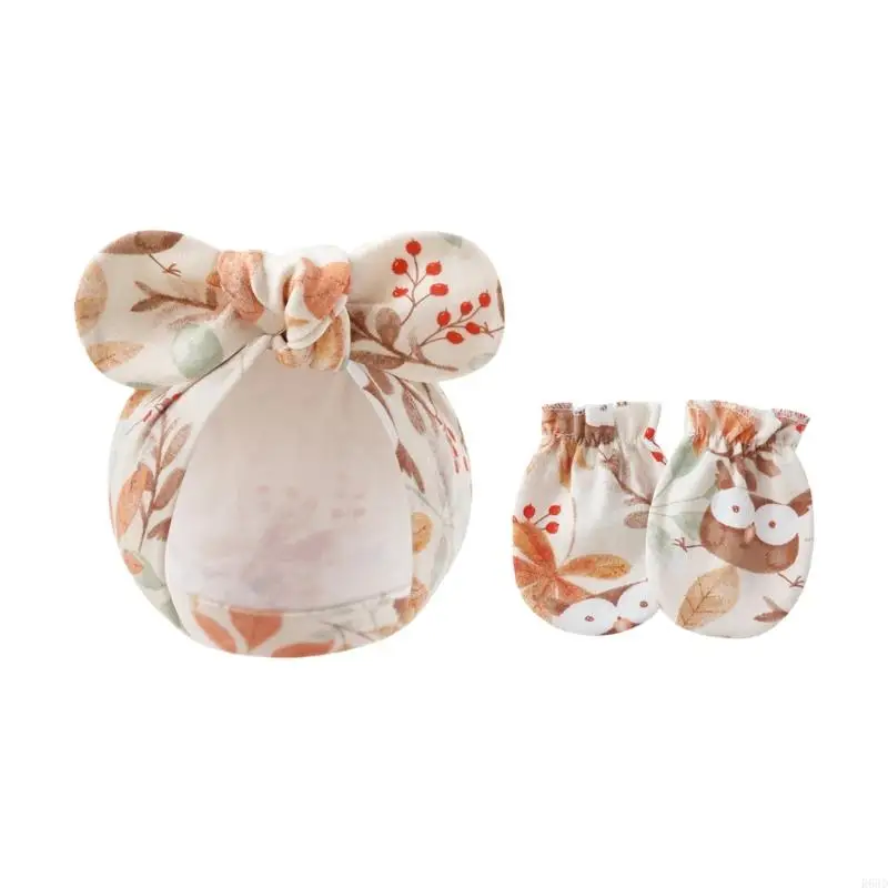 

R66D 2Pcs Newborns Hat with Mittens Set Soft & Breathable Cotton Anti Scratches Gloves for 0 to 6 Months Baby Unisex