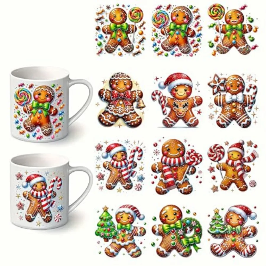12pcs Merry Christmas Gingerbread Man UV DTF Cup Wraps Transfer Waterproof Sticker for Glass Cups Furniture Craft DIY Crafts Ru